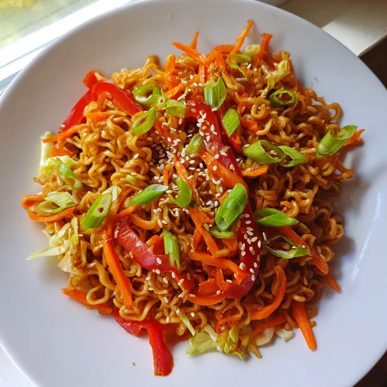 Vibrant image of the spicy ramen stir fry, showcasing noodles, vegetables, and savory sauce.