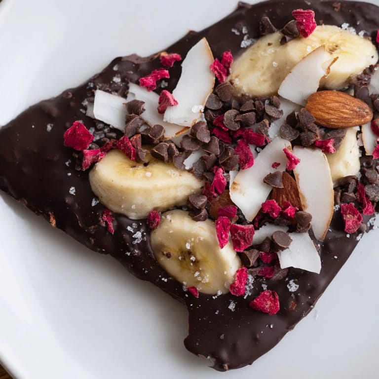 Close up showing layers of chocolate banana bark with almonds, coconut, a perfect summer treat.