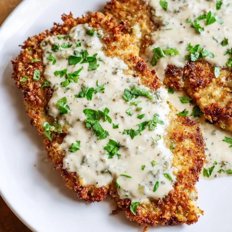 Imagine savory, crispy chicken with garlic cream sauce, a satisfying and easy weeknight meal at home.