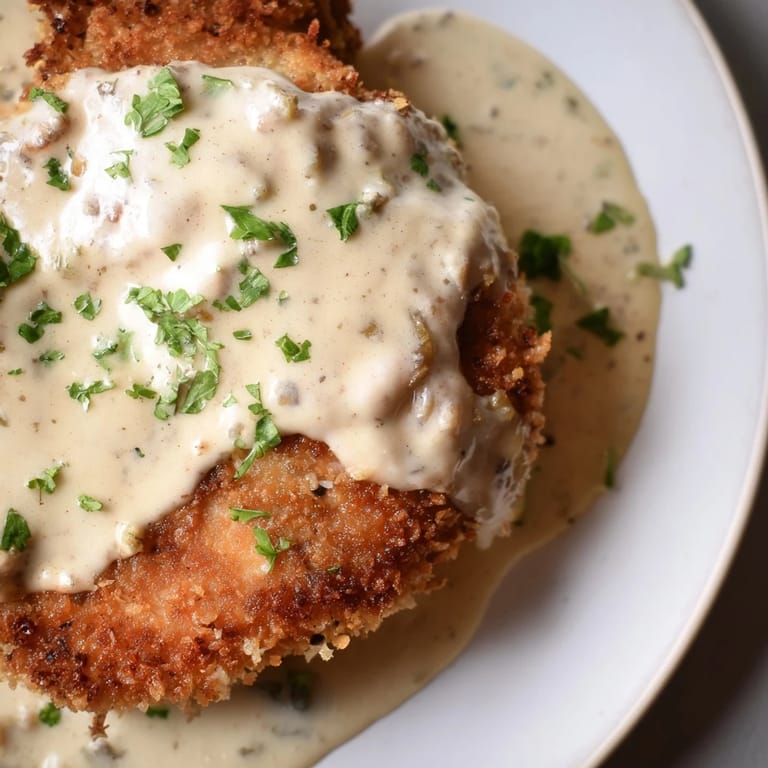 Tender, juicy Crispy Chicken with Garlic Cream Sauce, topped with a rich, flavorful, creamy garlic sauce.