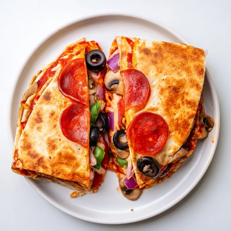 Crispy, folded tortilla pizza wrap, featuring bubbling cheese and your favorite veggie toppings.