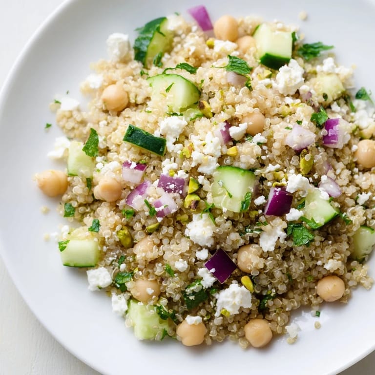 A refreshing bowl of Jennifer Aniston Salad, full of bright colors of vegetables and herbs, and cheese crumbles.