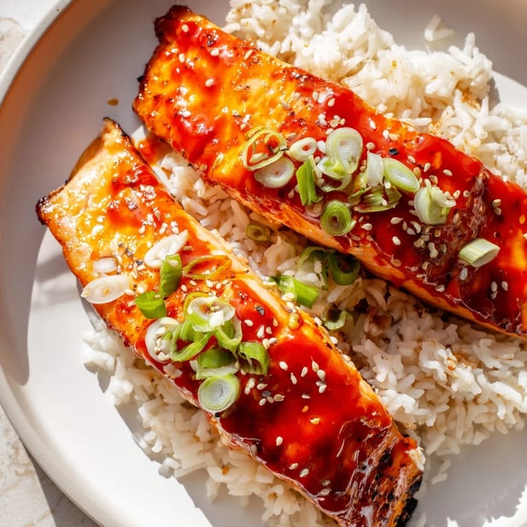 Crispy-skinned, glistening Sticky Orange Salmon with a vibrant orange glaze, a delightful dish.