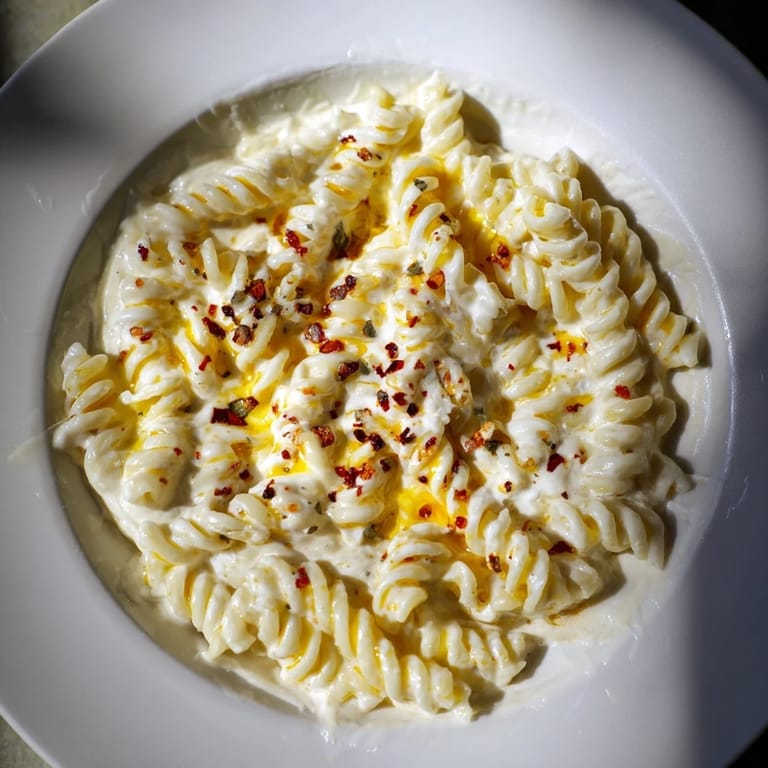 A close-up of Turkish Yogurt Pasta, swirled pasta with rich yogurt and vibrant red chile oil drizzle.