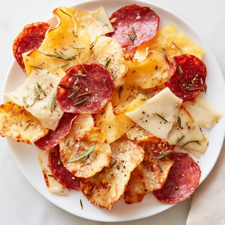 Arrangement of flaky baked charcuterie chips, a simple appetizer with cured meats and cheeses.