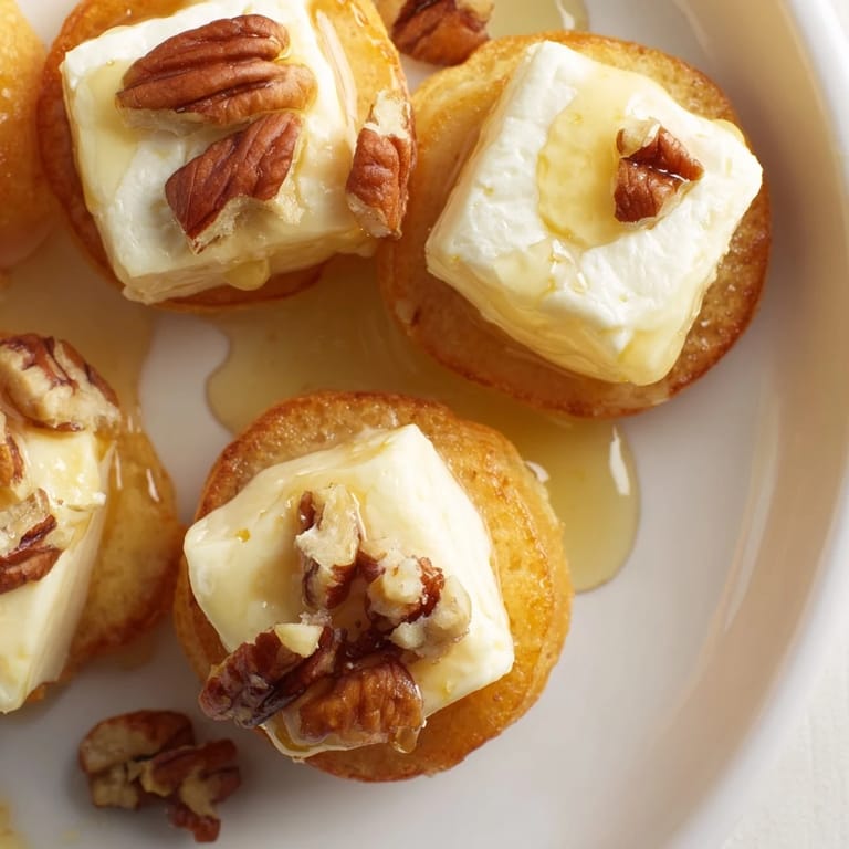 Warm, melted brie oozes from fluffy Pancake Brie Bites, finished with a honey drizzle and crunchy nuts.