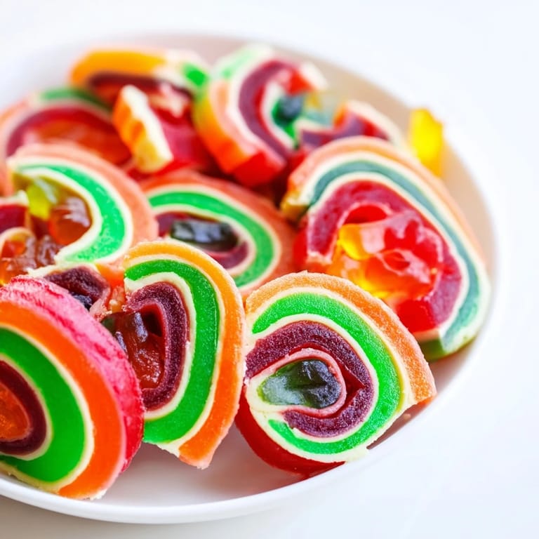 Cool, colorful pinwheels of Rainbow Candy Roll Ups showcasing a delightful array of chewy candies.