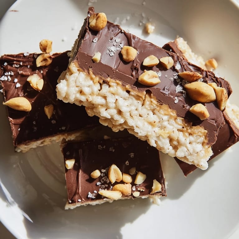 Melted chocolate drizzled over peanut butter and rice cakes, forming easy and tasty frozen treats.