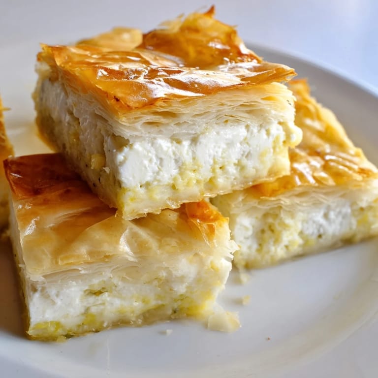 Savory Serbian Gibanica features flaky phyllo, creamy feta, and cottage cheese filling, baked to golden perfection.