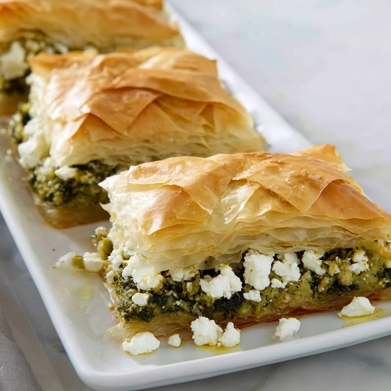 This delicious Greek Spanakopita shows a close-up of the perfectly baked, savory feta pie.