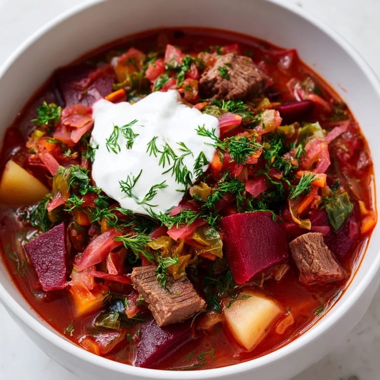 The rich crimson color of Ukrainian borscht soup, topped with a dollop of creamy sour cream, beckons.