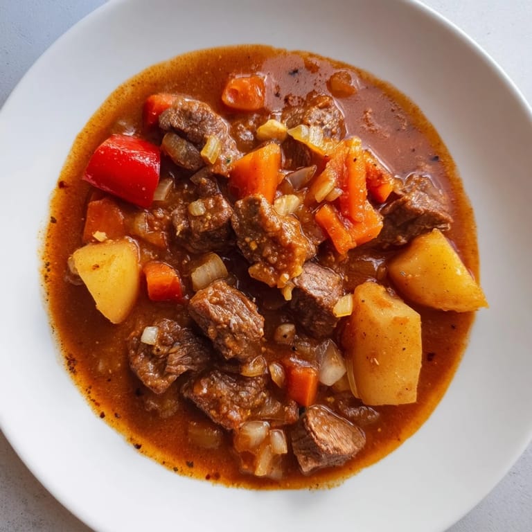 Spoonful of Hungarian Goulash Stew, depicting the savory stew with vegetables ready to serve and enjoy.