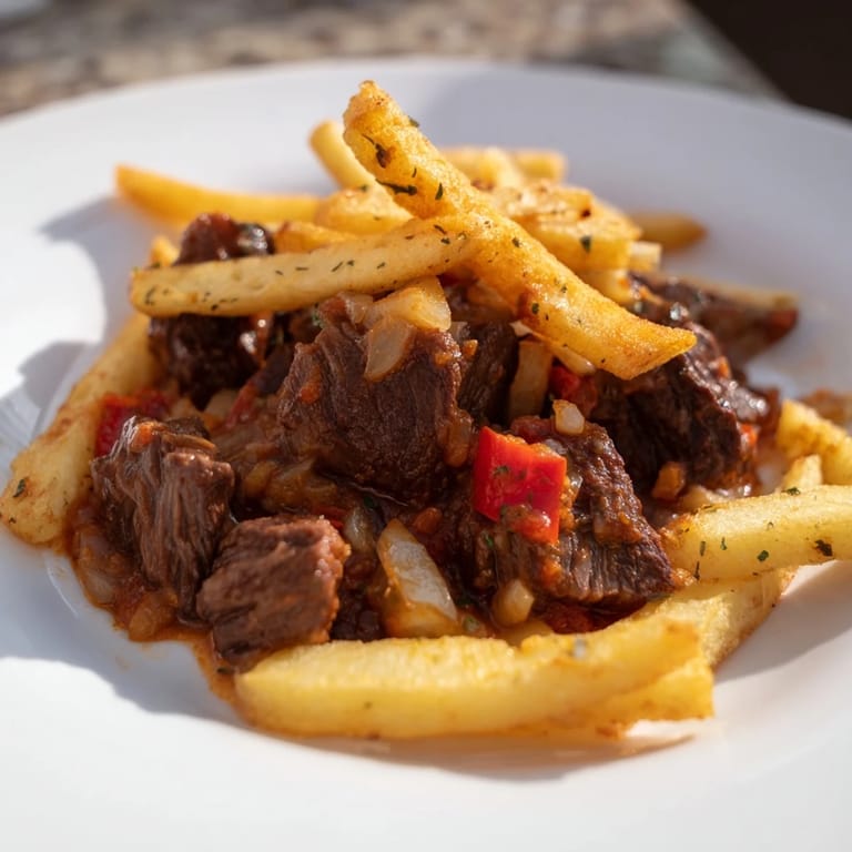 A steaming bowl of comforting Czech Goulash with golden, crispy potato fries on top.
