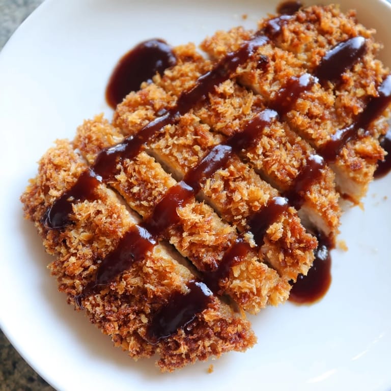 Juicy Chicken Katsu slice showing tender meat inside, drizzled with homemade tonkatsu sauce.
