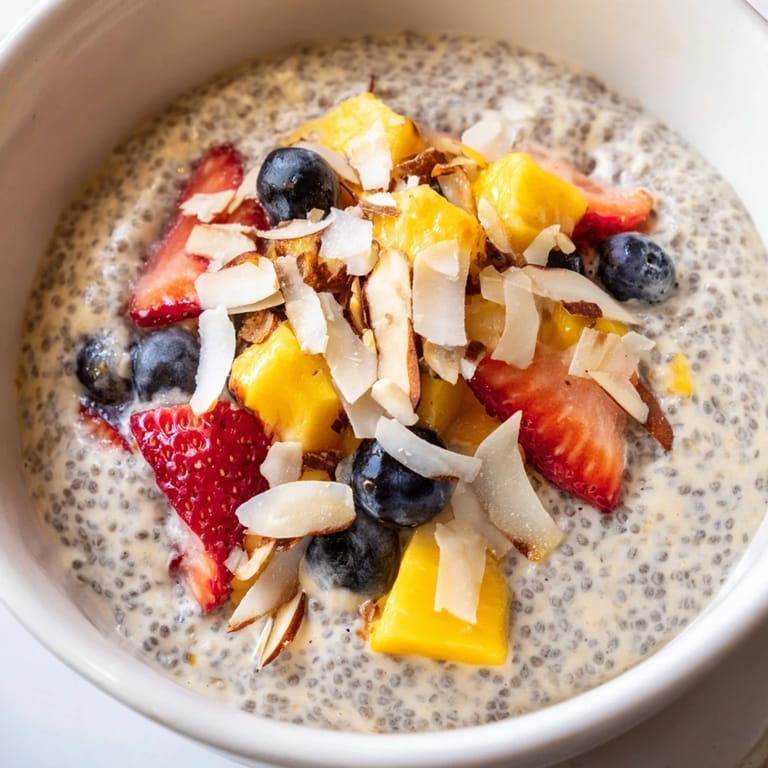 A bowl of vegan chia seed pudding, swirled with maple syrup and garnished with vibrant mango chunks.