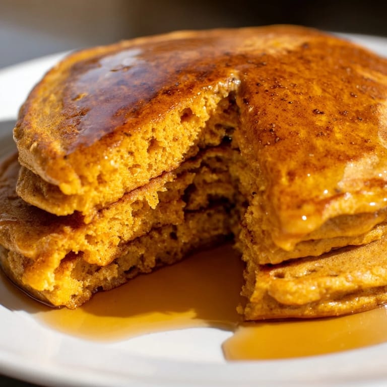 A tall stack of fluffy Pumpkin Spice Pancakes garnished with chopped pecans and a dusting of powdered sugar, perfect for a festive brunch.