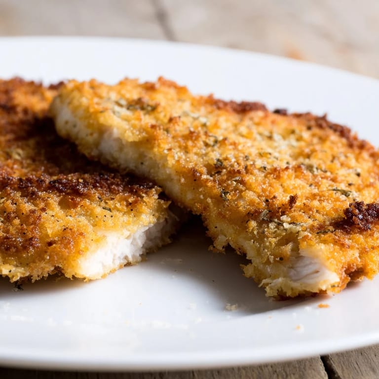 A close-up of a golden, crunchy Crispy Parmesan Chicken Cutlet with a side of fresh salad.