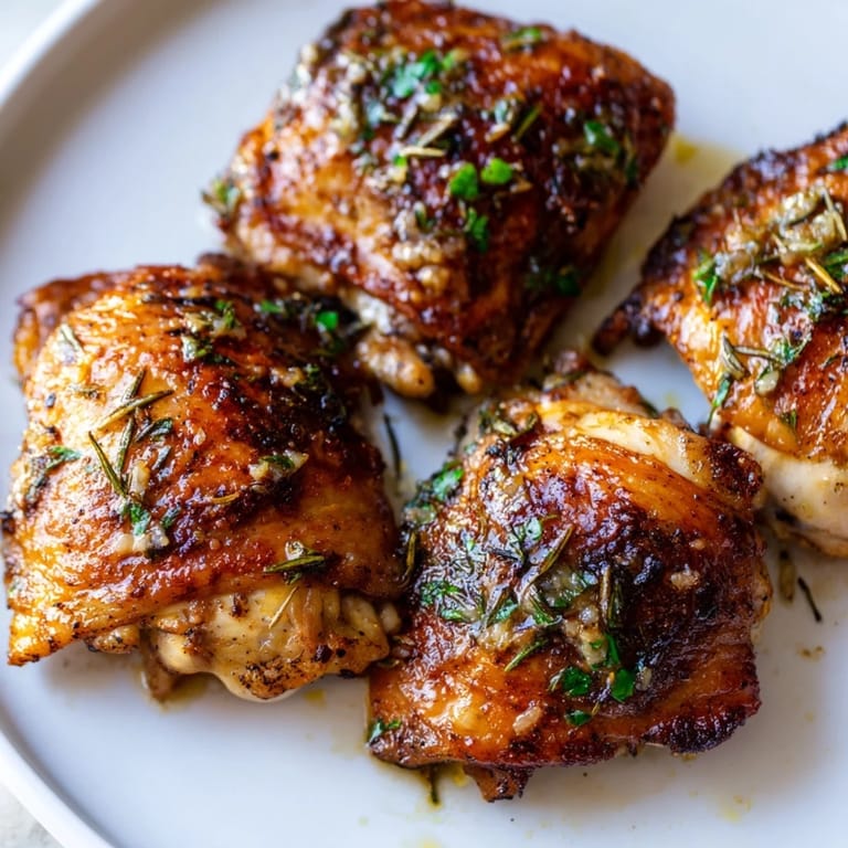 A close-up of juicy, bone-in chicken thighs in a rich garlic butter sauce with rosemary and thyme.
