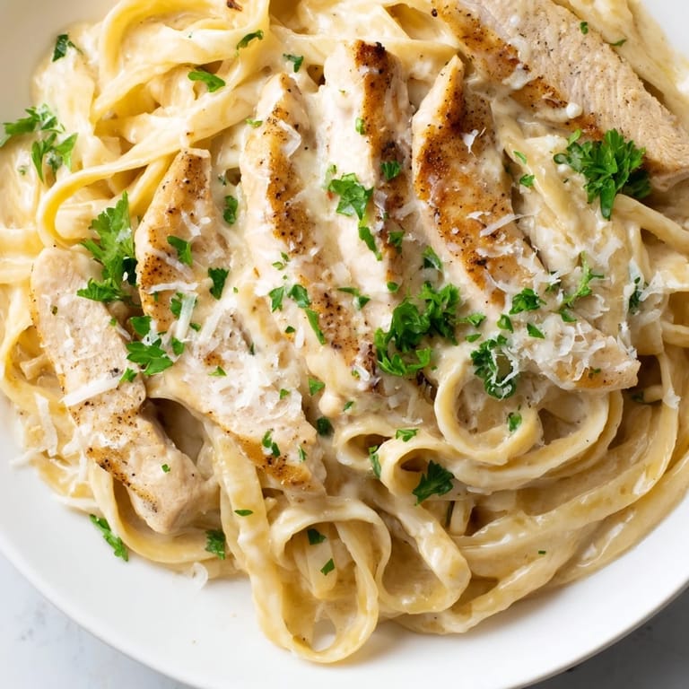 Steaming fettuccine noodles coated in velvety Alfredo sauce, topped with golden Cajun-seasoned chicken and a garnish of fresh parsley.