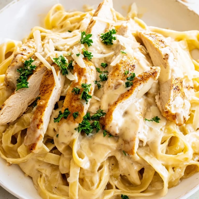 Plated Cajun Chicken Alfredo served with extra Parmesan and red pepper flakes alongside a glass of crisp white wine.
