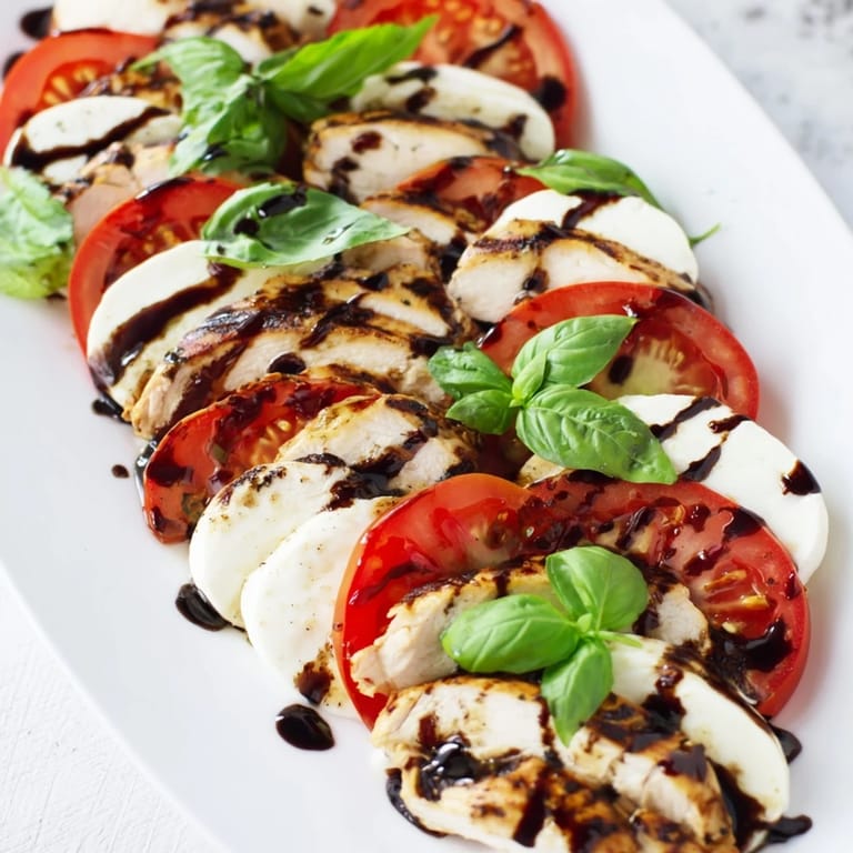 Sliced grilled chicken rests on fresh mozzarella and ripe tomato slices, garnished with basil and a glossy balsamic drizzle.