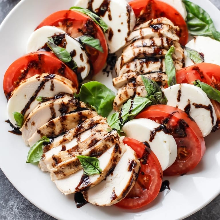 Juicy grilled chicken and fresh mozzarella paired with ripe tomatoes and basil on a platter, finished with tangy balsamic dressing.