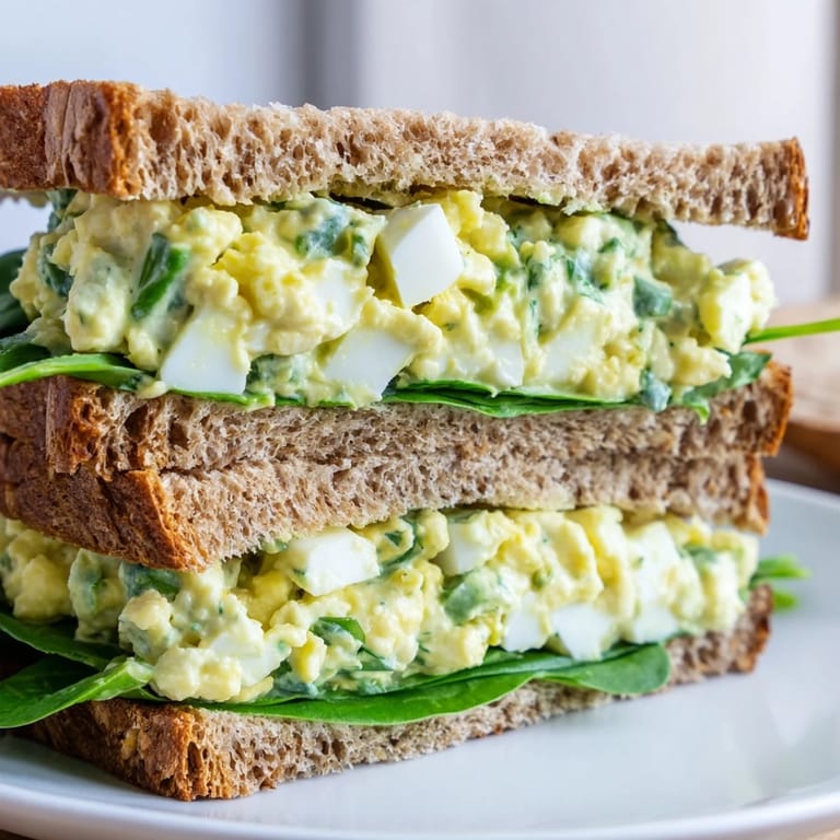 Healthy avocado egg salad sandwich stuffed with creamy egg mixture and baby spinach, perfect for a quick vegetarian lunch.