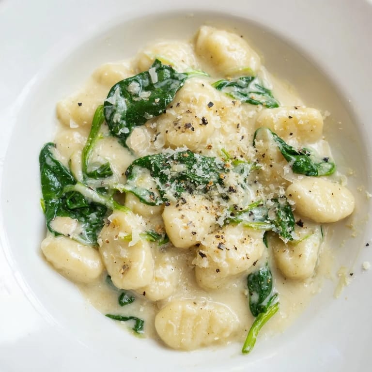 Comforting bowl of Creamy Garlic Gnocchi, topped with grated Parmesan and tender spinach leaves.