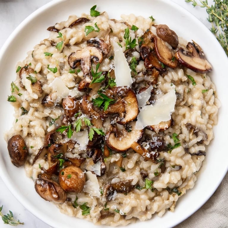 Golden arborio rice makes this Roasted Mushroom Risotto a comforting main dish, garnished with thyme and grated Parmesan.