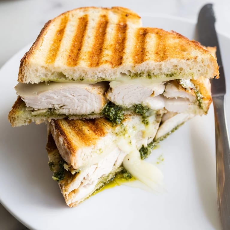 Close-up of a Chicken Pesto Panini with grilled chicken, basil pesto, and fresh mozzarella on ciabatta.