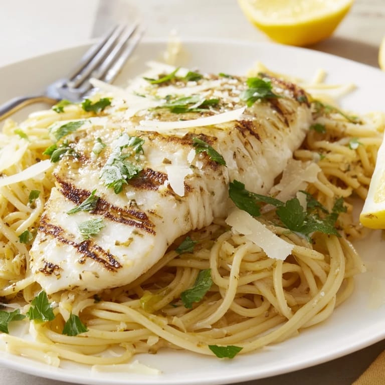 Freshly served Lemon Bass Pasta with juicy grilled fish, silky lemon-butter sauce, and bright herbs, perfect for a light Italian-inspired dinner.