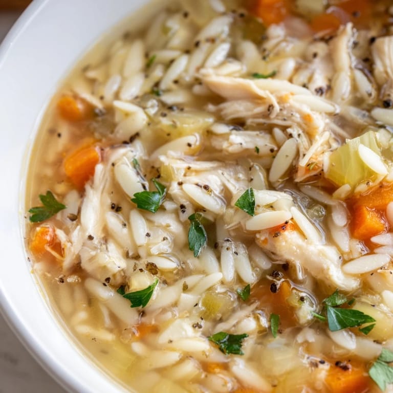 Comforting bowl of Lemon Pepper Chicken Orzo Soup, garnished with fresh parsley and served alongside crusty artisan bread.