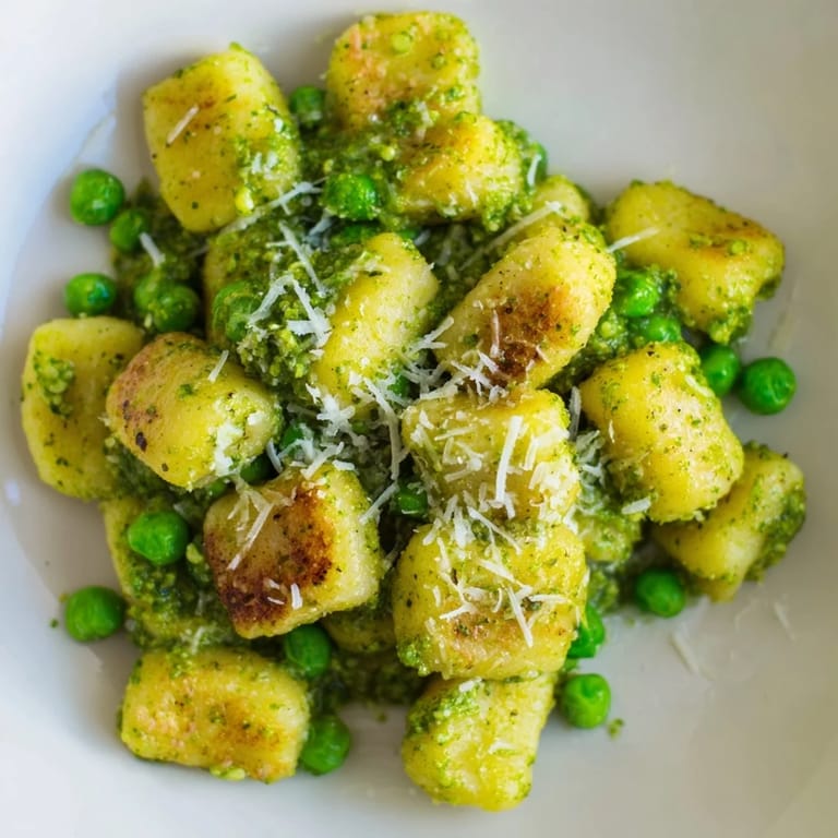 Spoonful of Pesto Pea Gnocchi Skillet with bright green peas and melted Parmesan, ideal for a quick vegetarian weeknight dinner.