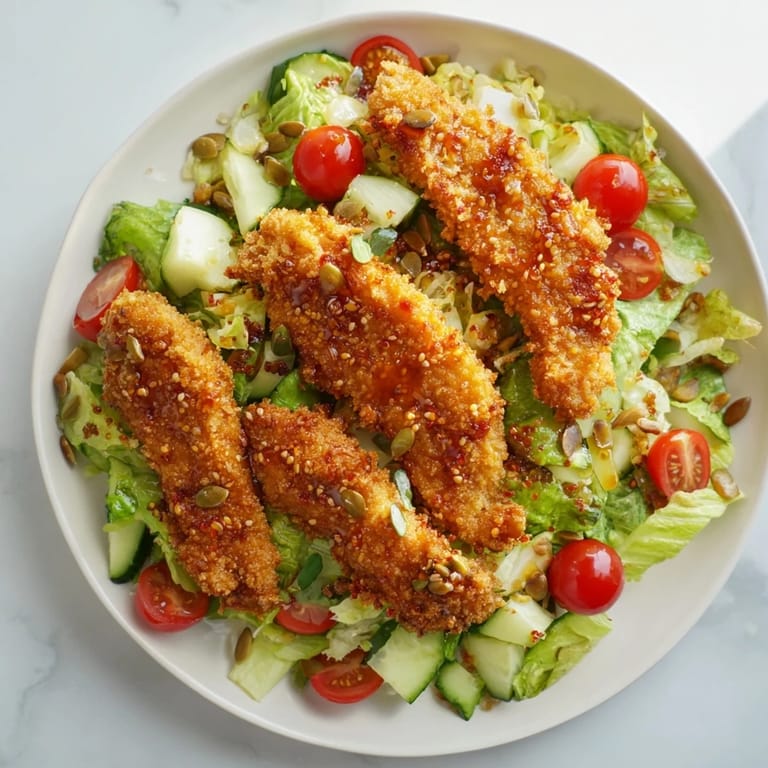 Drizzling hot honey over golden fried chicken strips on a salad with crunchy seeds and bright cherry tomatoes.