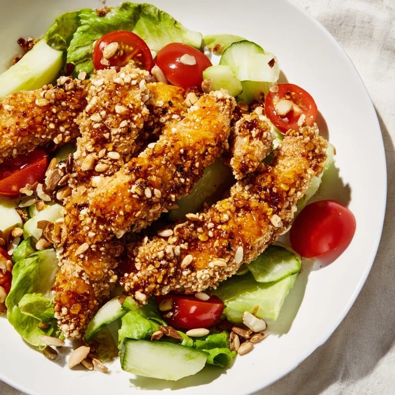 A close-up of Crispy Hot Honey Chicken Salad showing crispy breaded chicken, drizzled honey, and fresh ingredients on a platter.