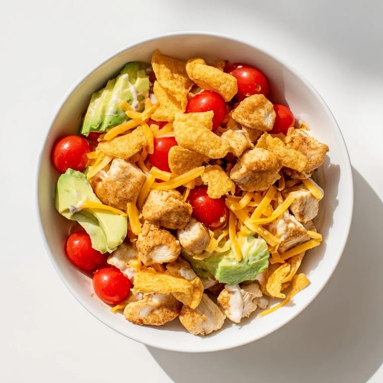 This Chicken Taco Chopped Salad includes avocado, black beans, corn, and crunchy tortilla chips for texture.
