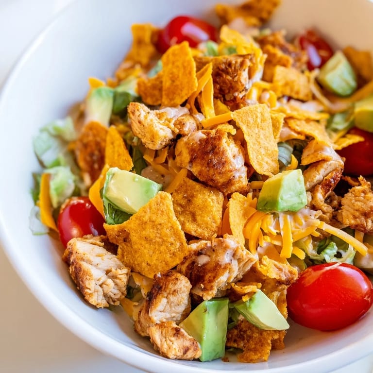 A vibrant serving of Chicken Taco Chopped Salad showcases juicy tomatoes, shredded cheese, and a drizzle of dressing.
