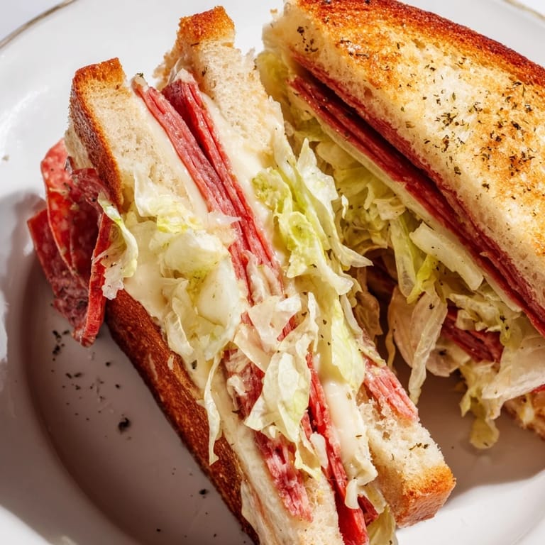 Close-up of a warm Italian Sub Grilled Cheese cut in half, revealing a melty cheese and savory cold cut filling.