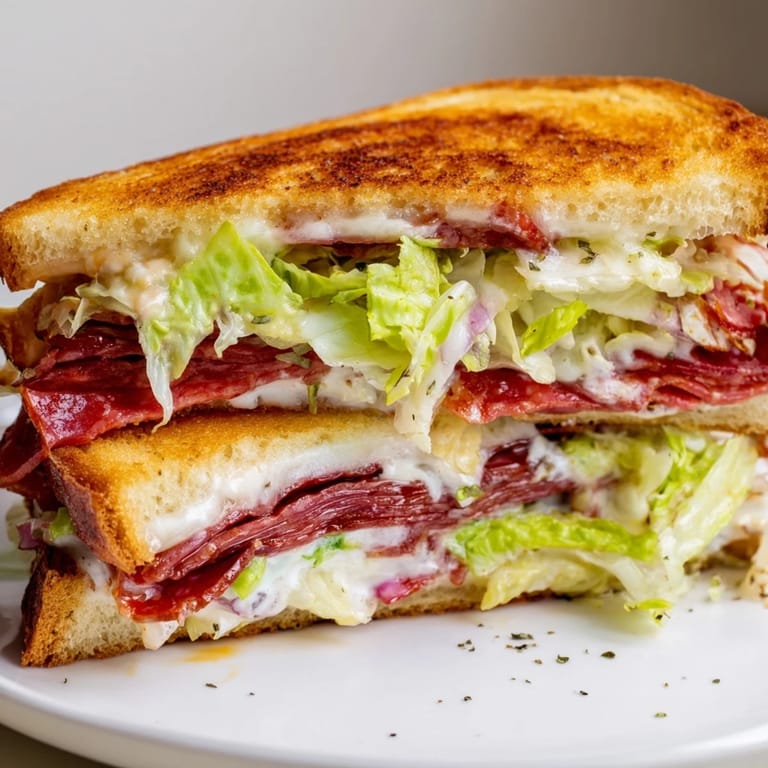 Two crispy Italian Sub Grilled Cheese sandwiches served on a wooden board with a side of tangy lettuce topping.