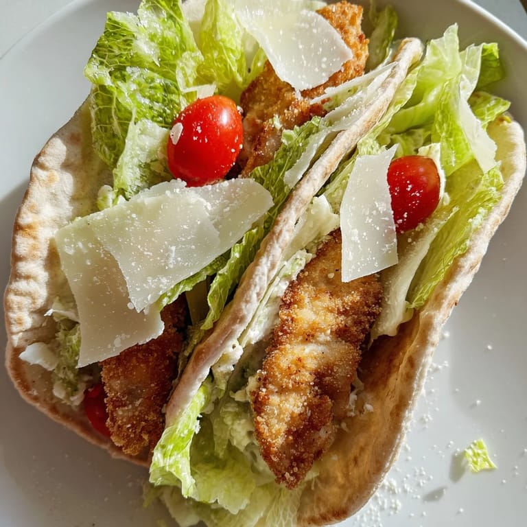 Fresh chopped romaine lettuce, creamy Caesar dressing, and shaved Parmesan cheese tucked inside the pocket.