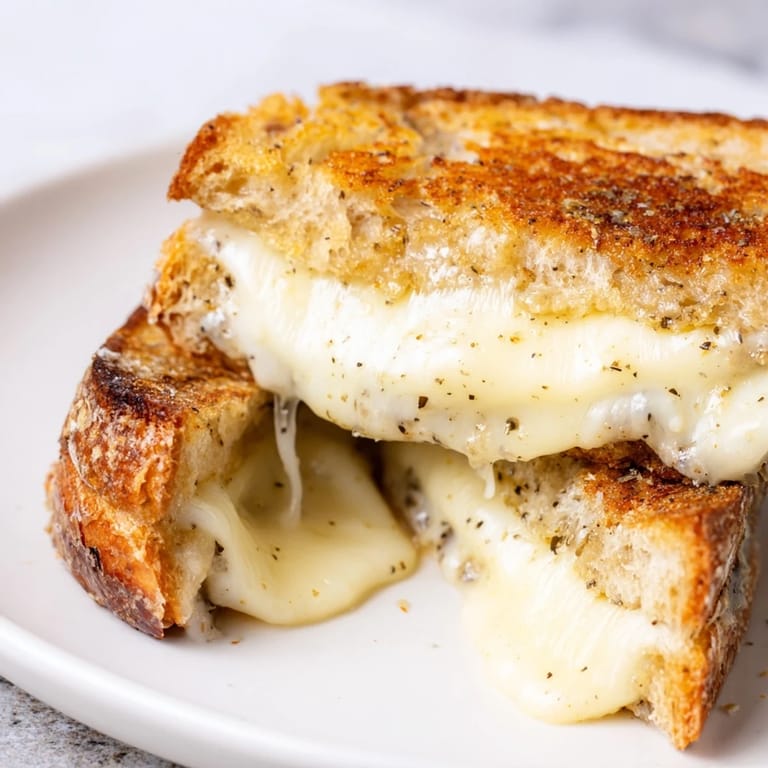A close-up of a golden Truffle Grilled Cheese, oozing with melted Gruyère and drizzled with aromatic truffle oil.