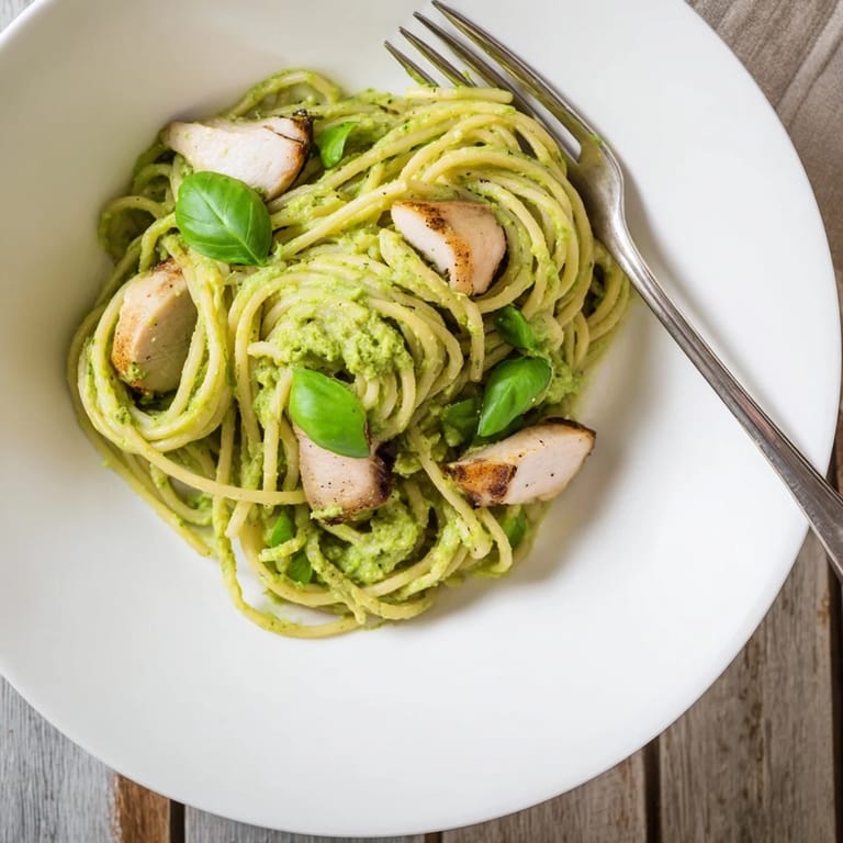 Perfectly plated creamy avocado chicken pasta topped with lemon zest and parmesan, ready for a quick, healthy weeknight meal.