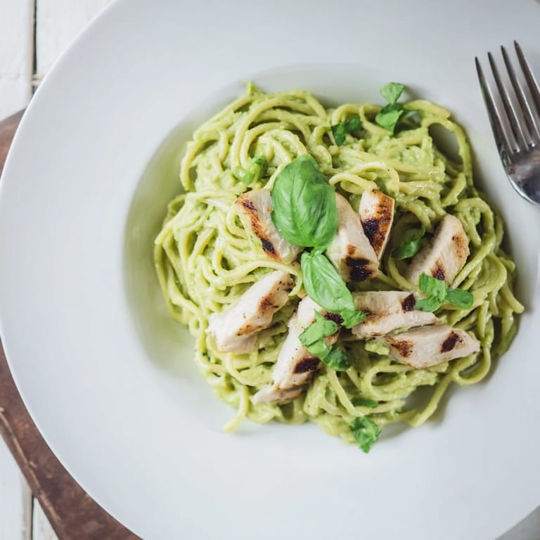Freshly blended avocado sauce coats al dente spaghetti and tender grilled chicken in this colorful, creamy avocado chicken pasta dish.