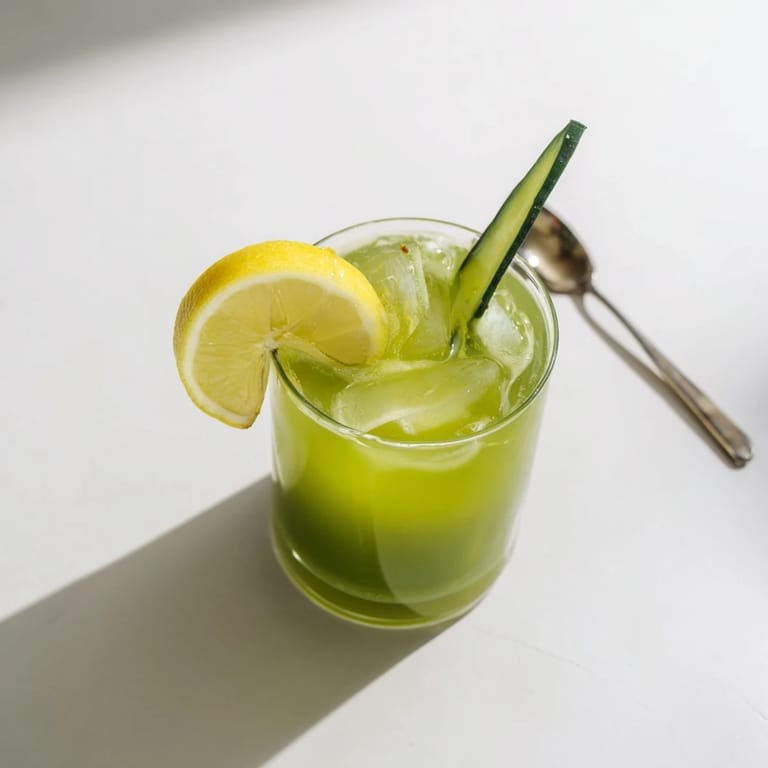 Homemade cabbage and kale detox juice in a glass, highlighting its bright green color and refreshing clarity.