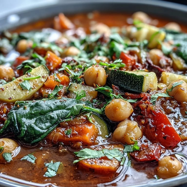 A hearty bowl of Spicy Chickpea Stew, packed with colorful vegetables and perfect for a healthy, cozy meal.