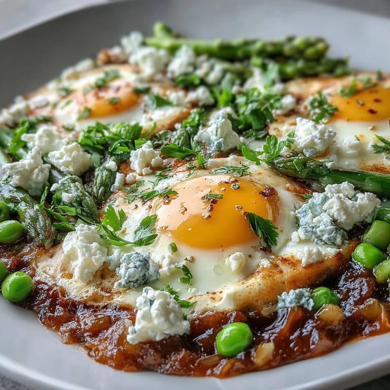 Colorful spring-inspired Pea and Broad Bean Shakshuka featuring tender asparagus and peas, garnished with fresh mint and crumbled feta.  
