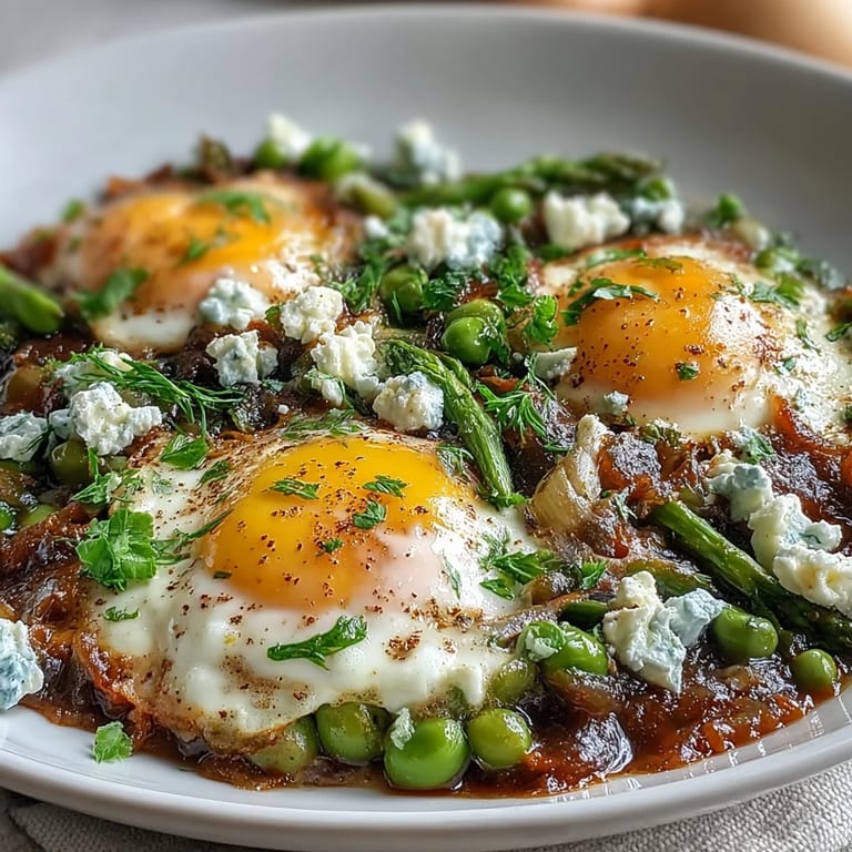 Hearty Pea and Broad Bean Shakshuka cooked in a rich tomato sauce with eggs, ready to serve with crusty bread.