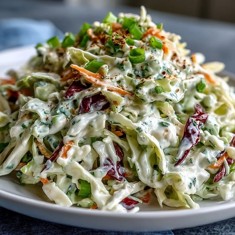 Freshly prepared Best Cabbage Coleslaw garnished with green onions, ready as a crunchy side dish for barbecues or picnics.