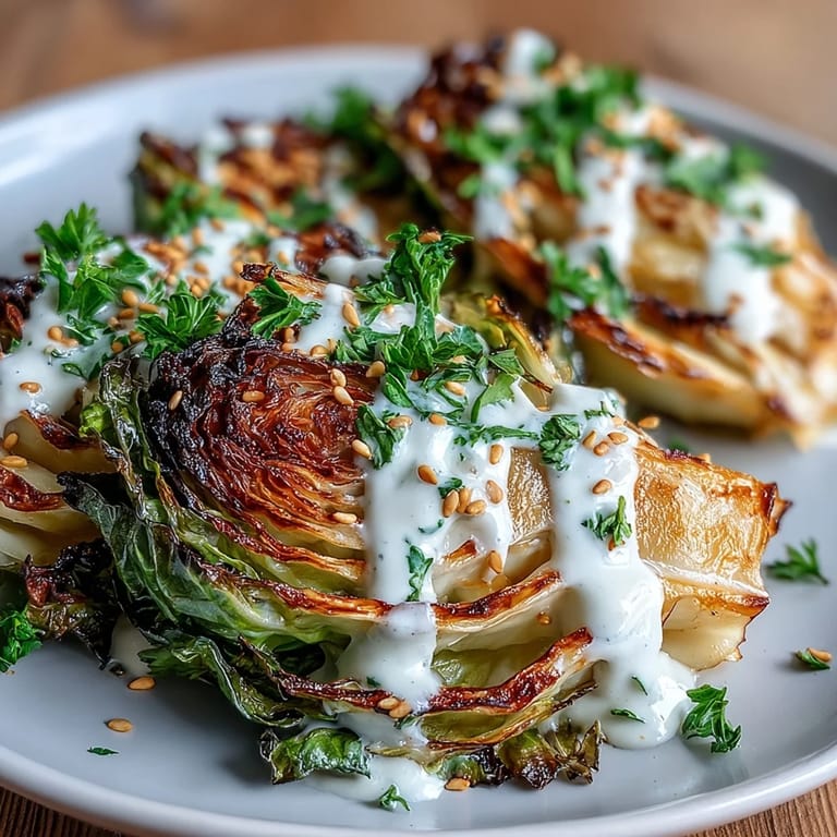 Vibrant roasted cabbage wedges drizzled with garlic-lemon tahini sauce, finished with fresh herbs and a pinch of smoked paprika.