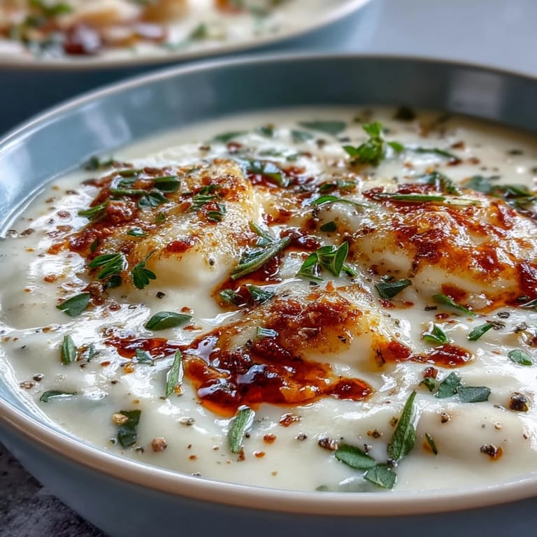 Hearty White Bean and Parmesan Soup ladle hovering over a smooth, creamy texture, with crusty bread alongside for dipping.